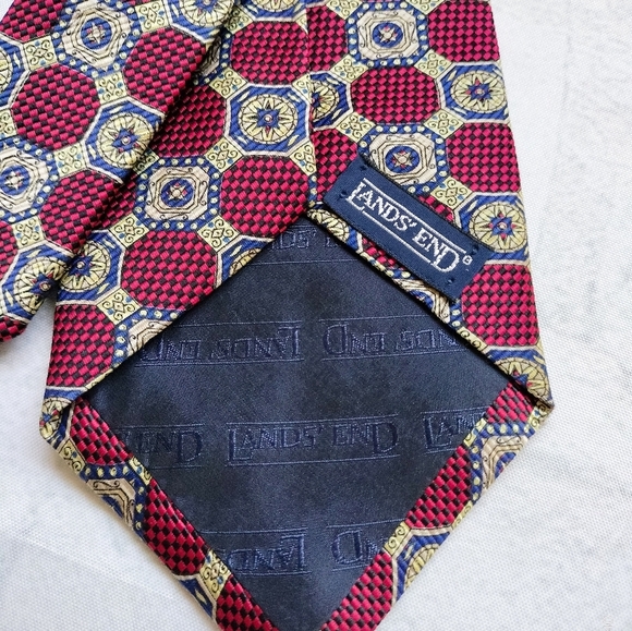 Lands End Silk Necktie Tie Red Multicolored Geometric Multi Pattern Handsewn - Picture 8 of 9